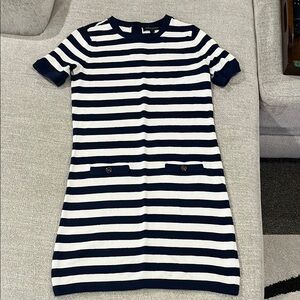 Banana Republic Blue and White Sheath Dress with Short Sleeves and Crew Neck